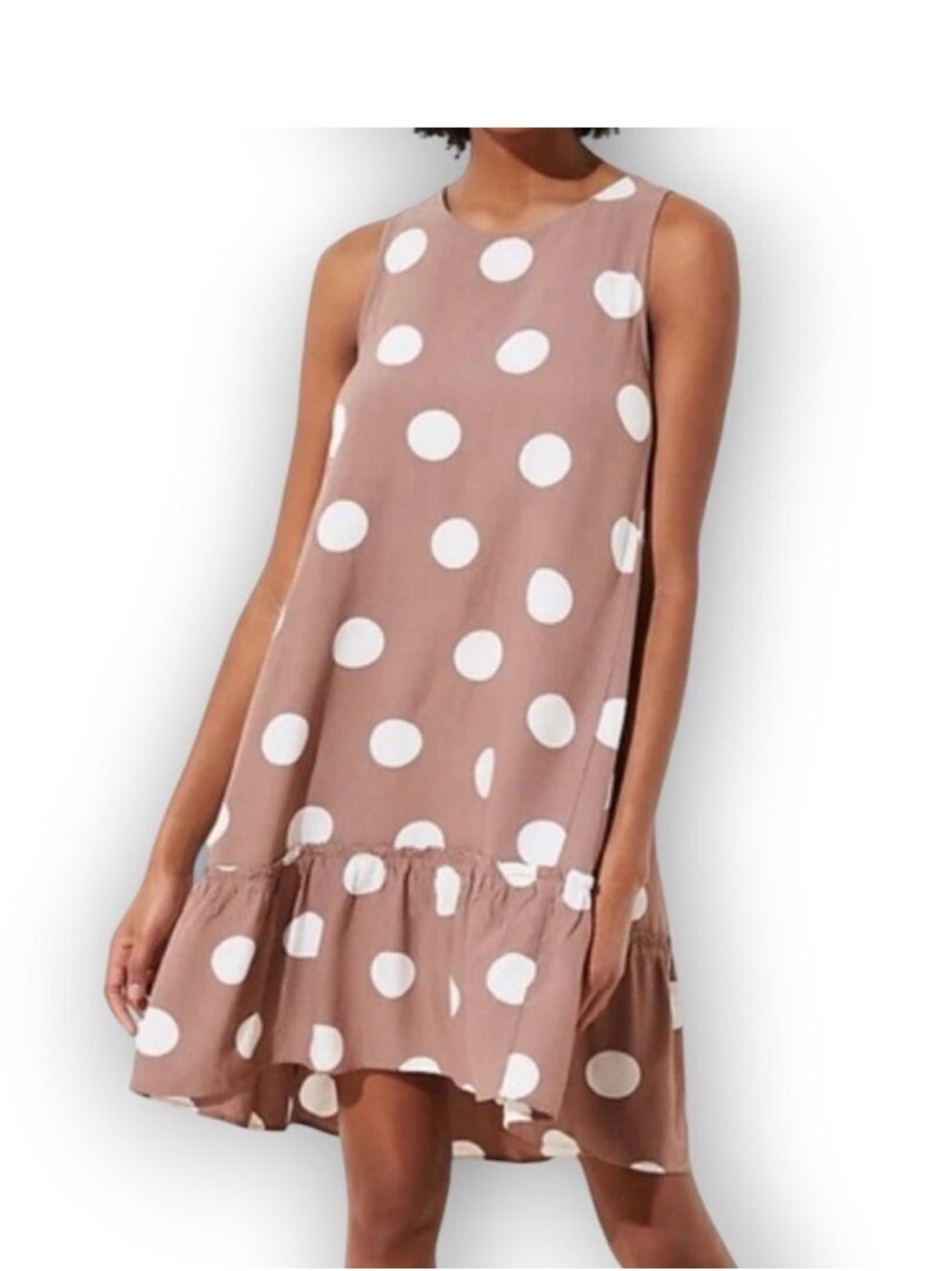 Loft Polka Dot Tie Back Swing Dress Brown White Desert Taupe Women’s Size Large